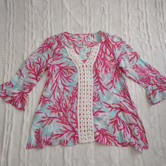 Lilly Pulitzer Caftan Style Top with Pattern, Crochet Detail and Bell Sleeves - Picture 2 of 5